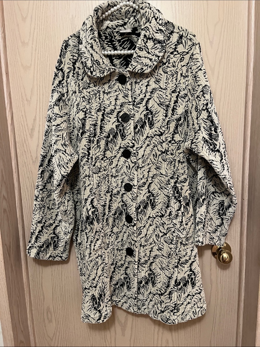 Cream & Black Patterned Trench Coat with Button Front